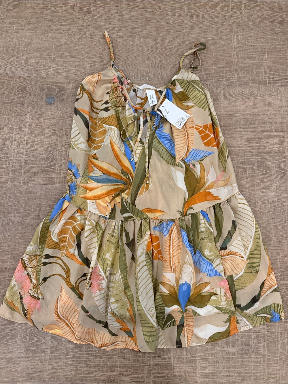 H&M Beige Tropical Leaf Sundress with Orange & Blue Accents